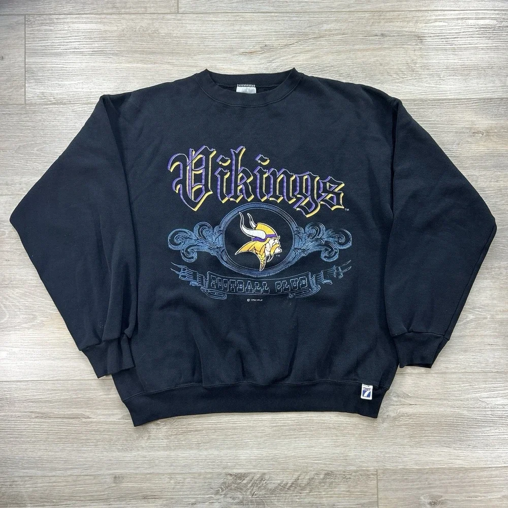 VTG 90's Logo 7 XL Black NFL Minnesota Vikings Black Crewneck